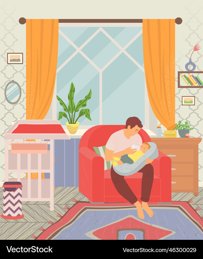 Father feeding son with bottle of milk at home Father feeding son with bottle of milk at home vector image