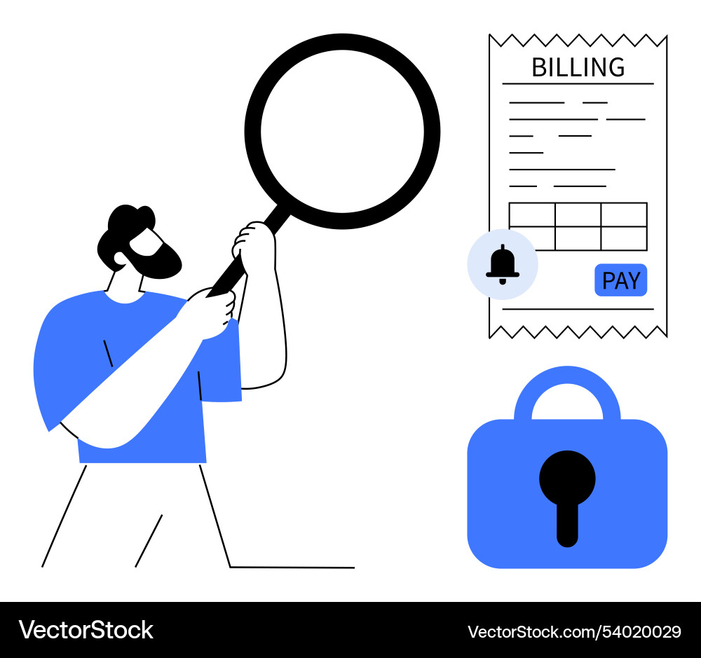 Man examines billing statement with magnifying Man examines billing statement with magnifying Vector Image