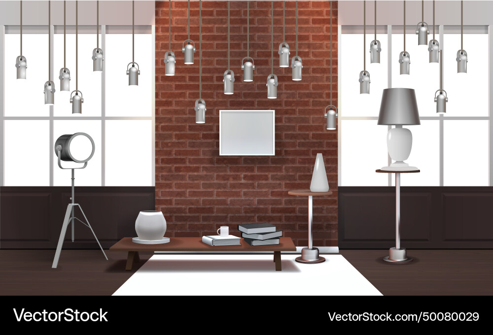 Realistische Loft-Innenausstattung mit Hängeleuchten Realistische Loft-Innenausstattung mit Hängeleuchten vektorbild
