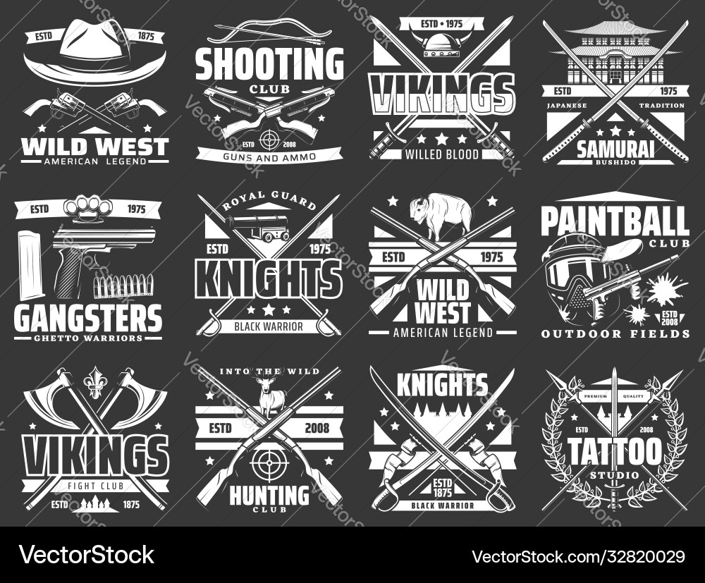 Weapon heraldic icons with guns swords rifles Weapon heraldic icons with guns swords rifles vector image