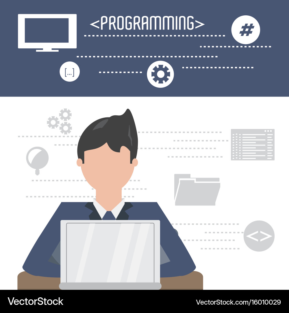 Web-Entwickler arbeitet an der Computerprogrammierung Vektorbild