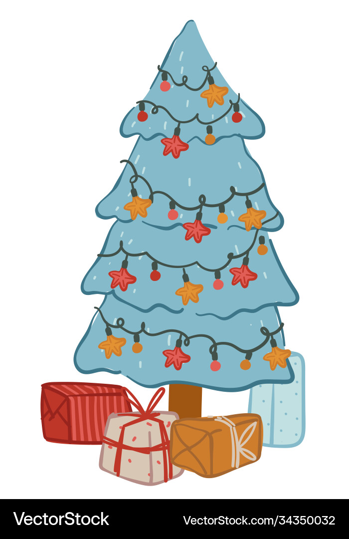 Pinienbaum mit Girlanden verziert und Geschenke Pinienbaum mit Girlanden verziert und Geschenke vektorbild