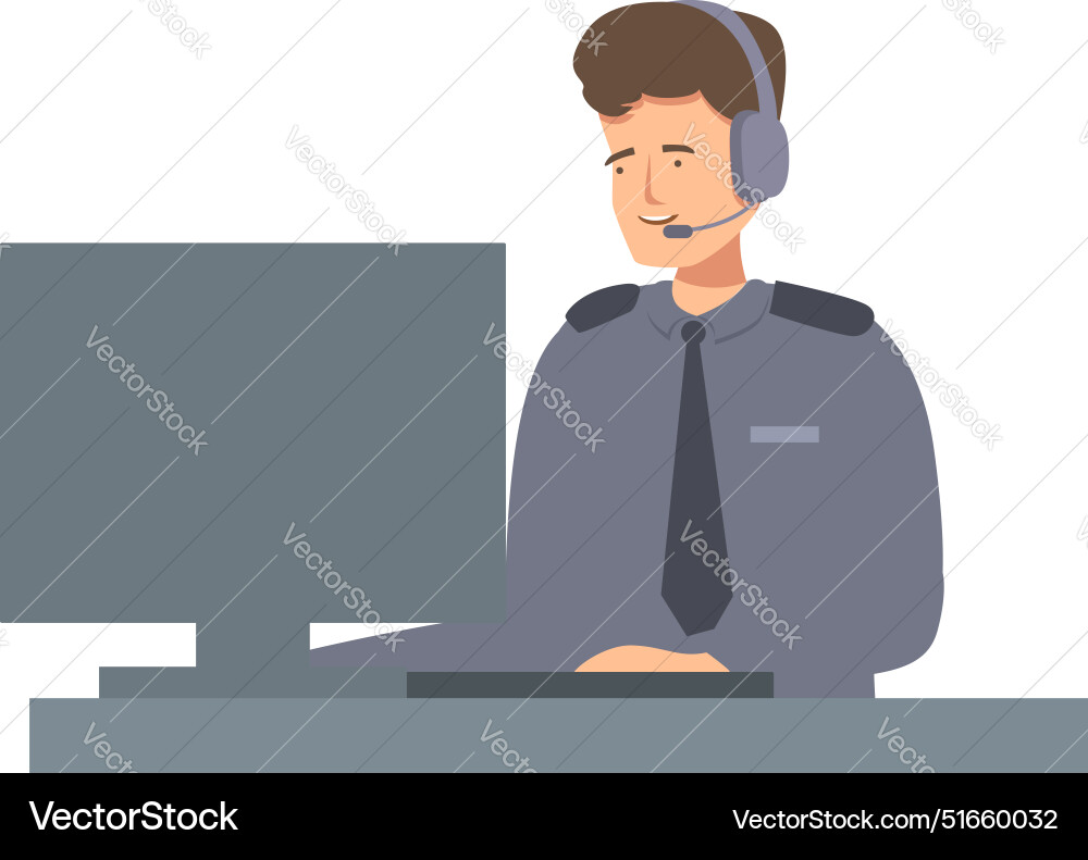 Security guard wearing headset working on computer Security guard wearing headset working on computer vector image