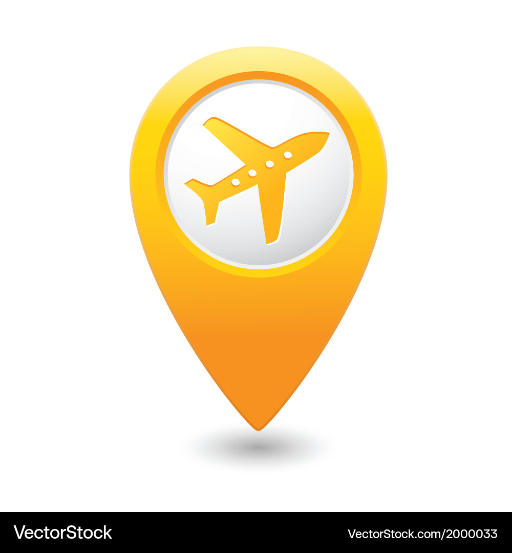 Plane icon on map pointer yellow Royalty Free Vector Image