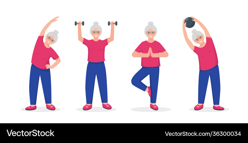 Senior woman doing exercises set Senior woman doing exercises set vector image