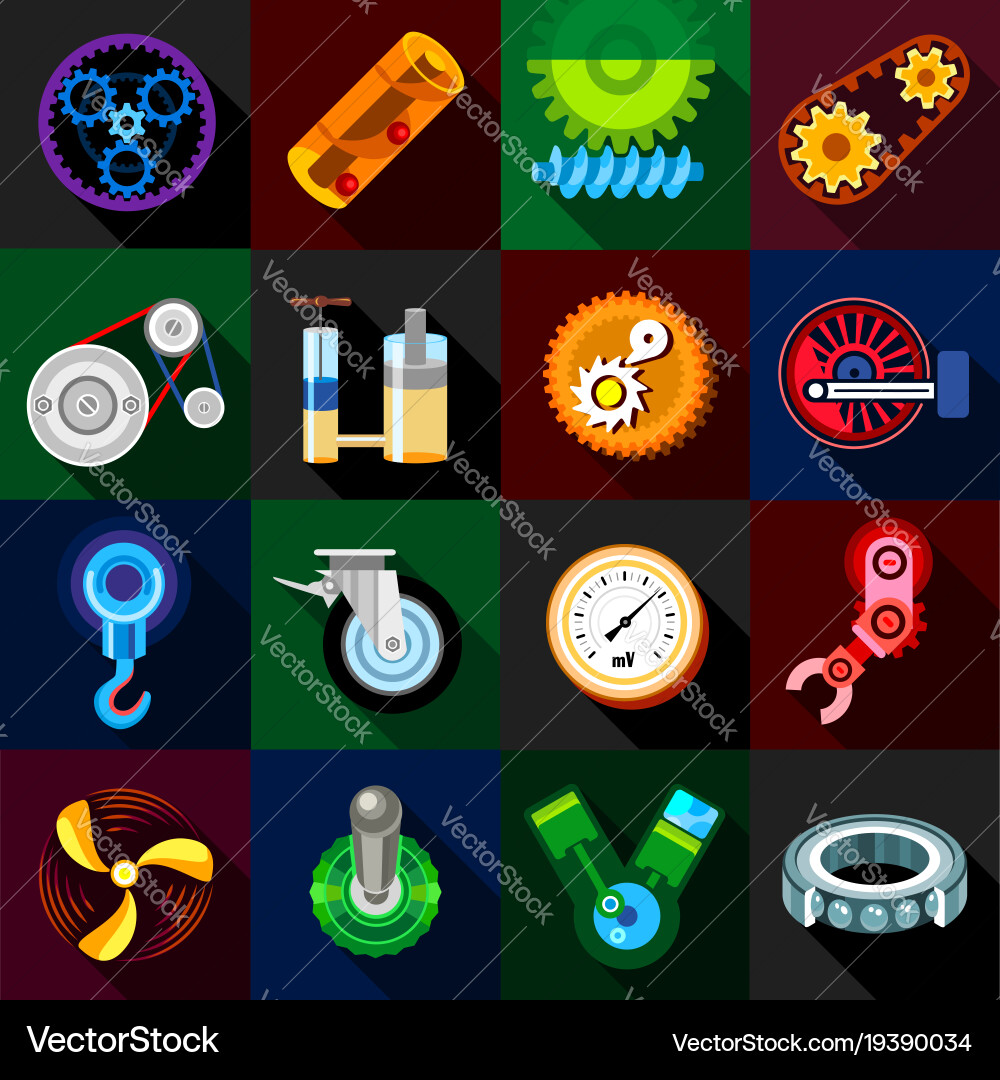 Technical mechanisms icons set flat style Vector Image