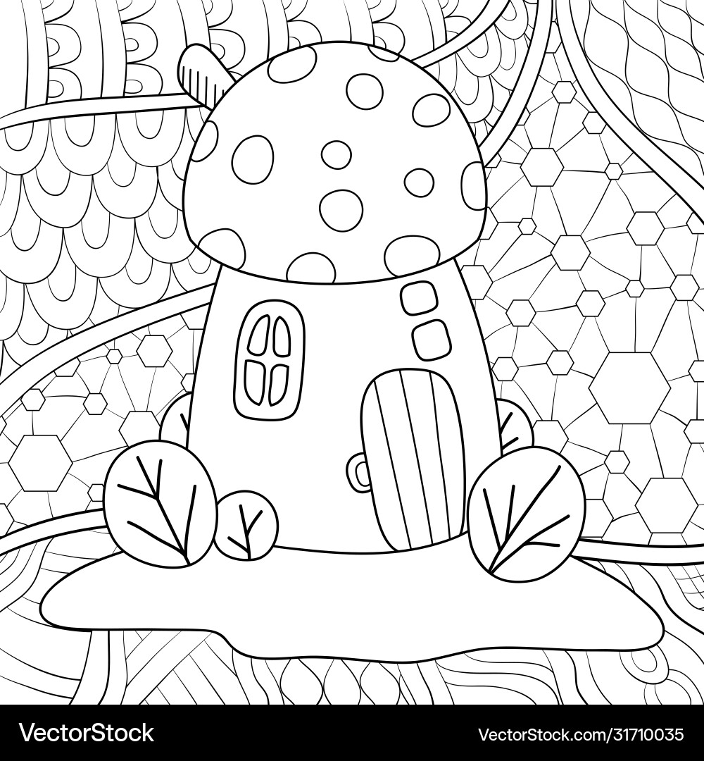 Adult coloring bookpage a cute mushroom house vector image