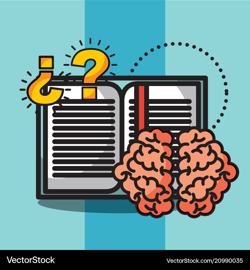 Brain creative idea book learn knowledge questions Brain creative idea book learn knowledge questions vector image