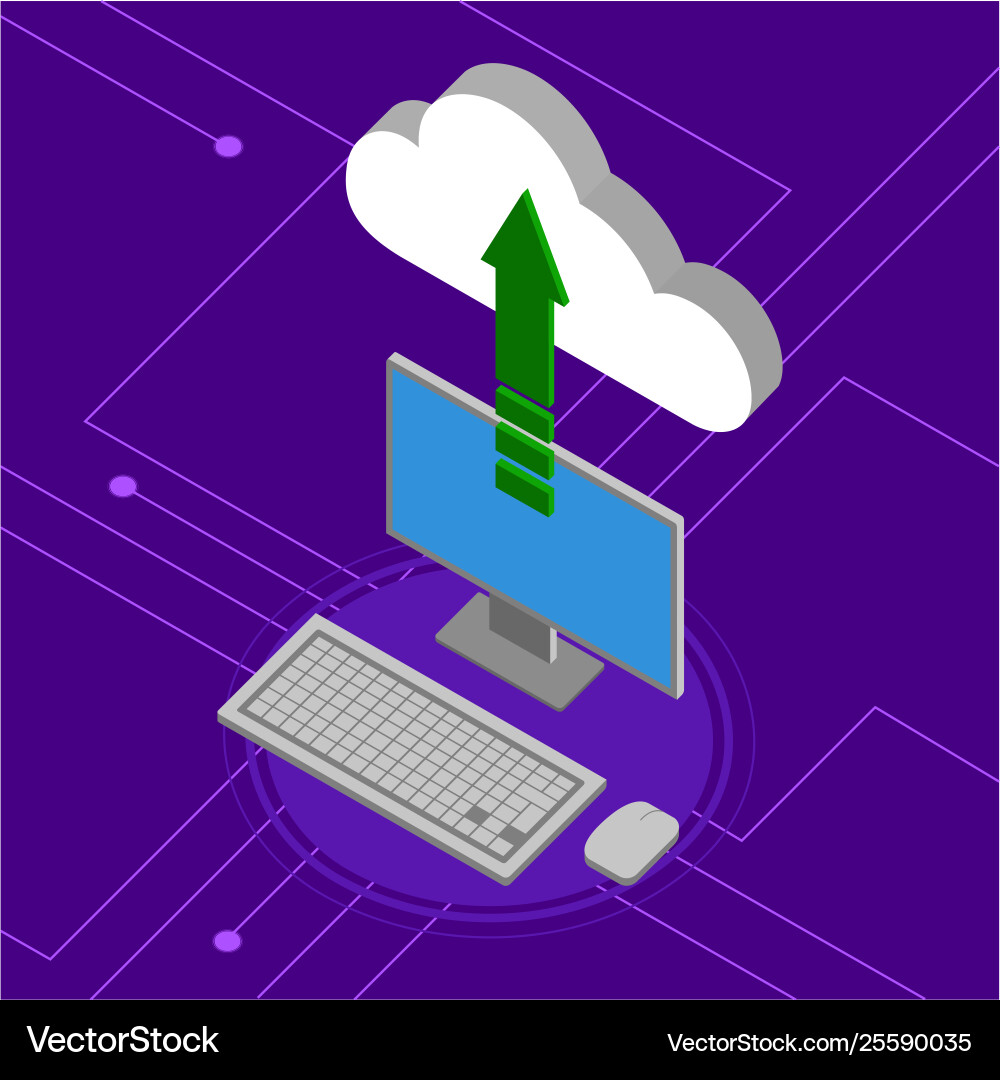 Computer uploading to a 3d cloud computing icon vector image