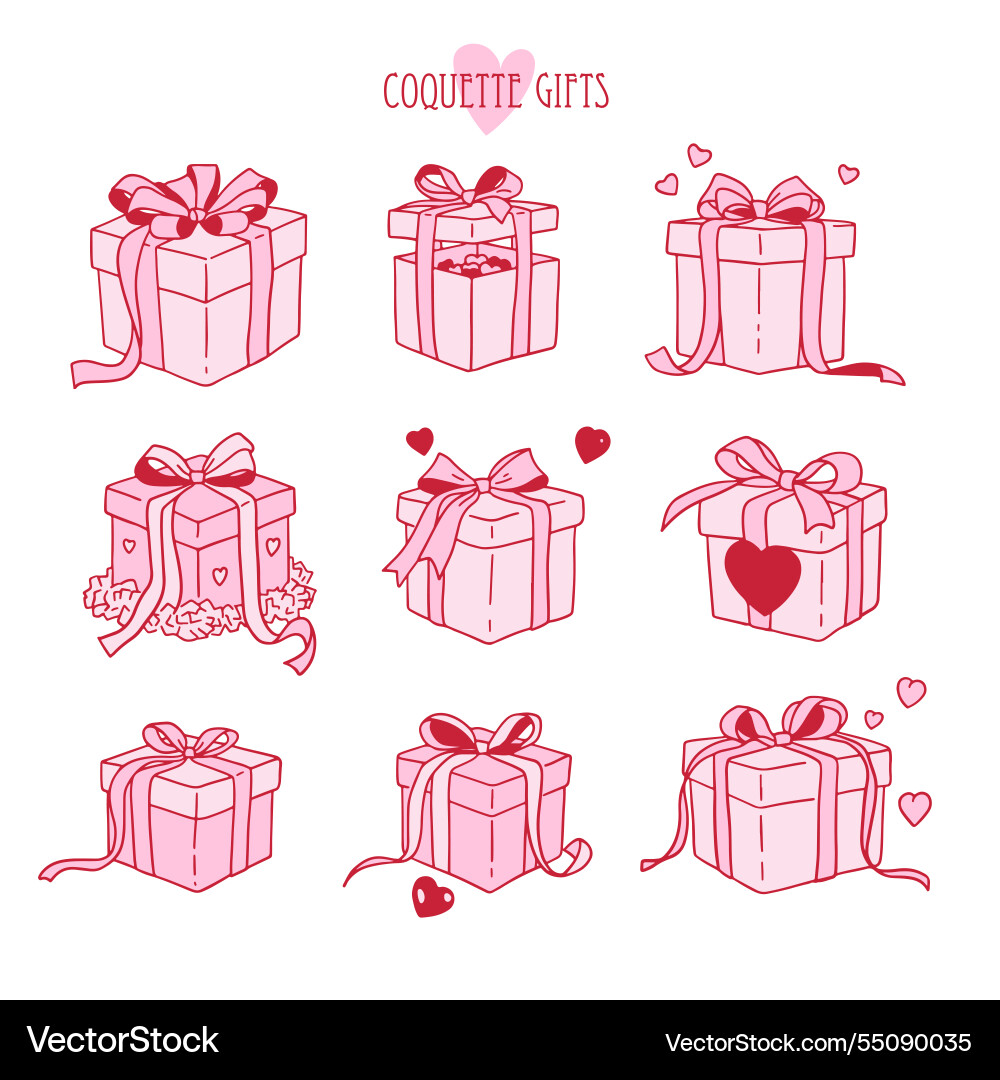 Pink romantic gift boxes with hearts and satin Pink romantic gift boxes with hearts and satin vector image