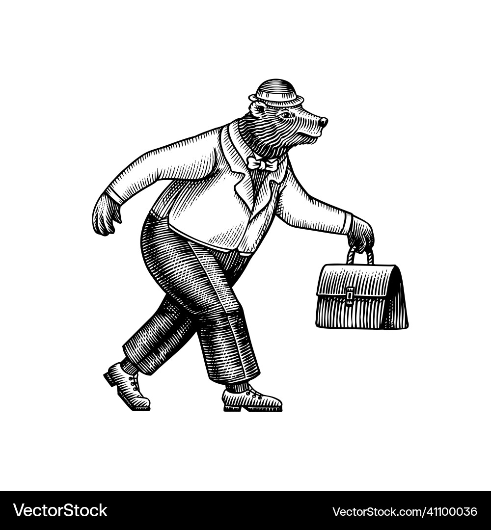 A bear man in suit hat and carrying case runs A bear man in suit hat and carrying case runs vector image