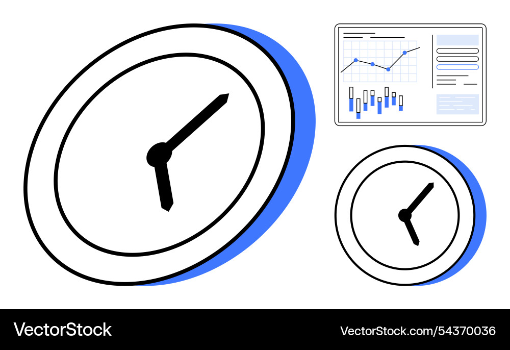 Clock with data analytics charts highlighting time Clock with data analytics charts highlighting time vector image
