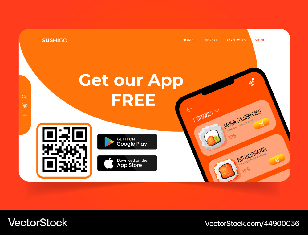 Landing page with phone prototype app sushi Landing page with phone prototype app sushi vector image