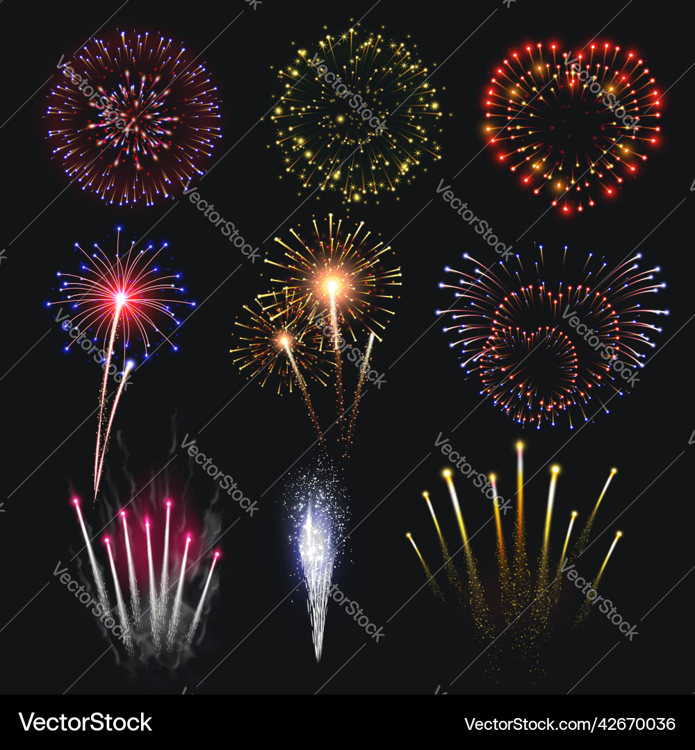 Pyrotechnics and fireworks realistic set Pyrotechnics and fireworks realistic set vector image