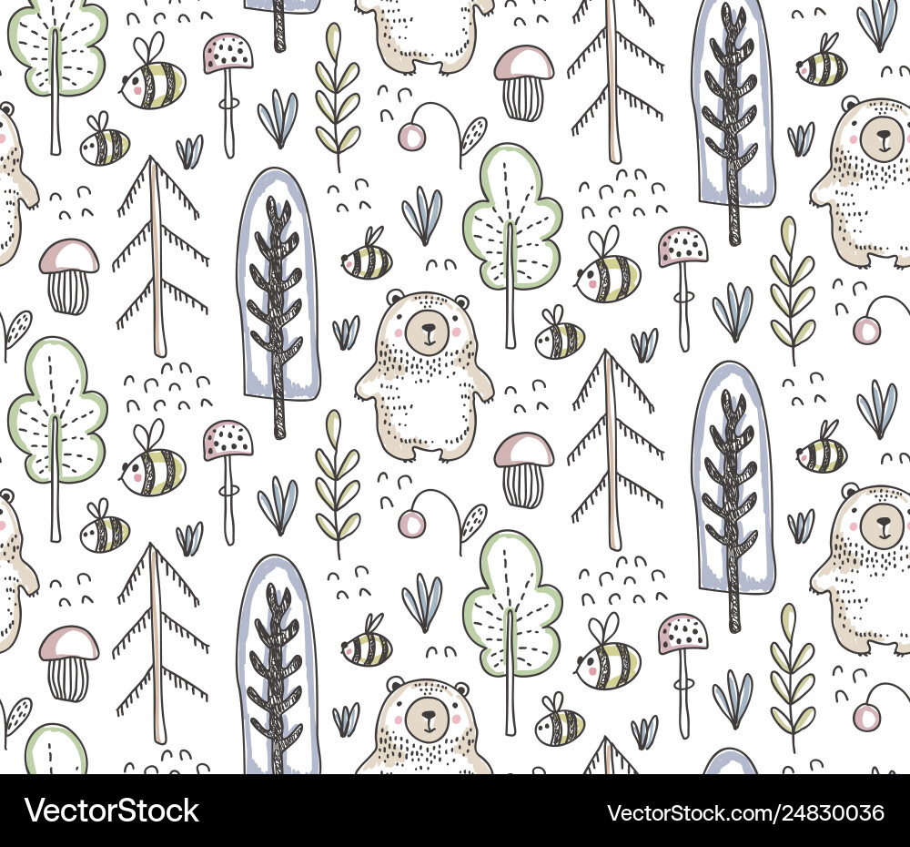 Seamless pattern with hand drawn bear Royalty Free Vector
