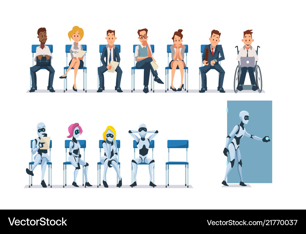 Job interview recruiting and robots Job interview recruiting and robots Vector Image