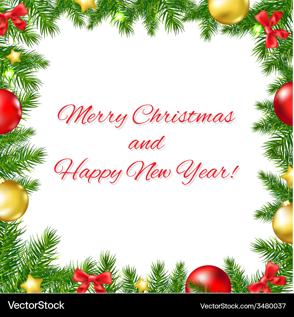 Xmas fir tree frame with red ribbon and text Vector Image