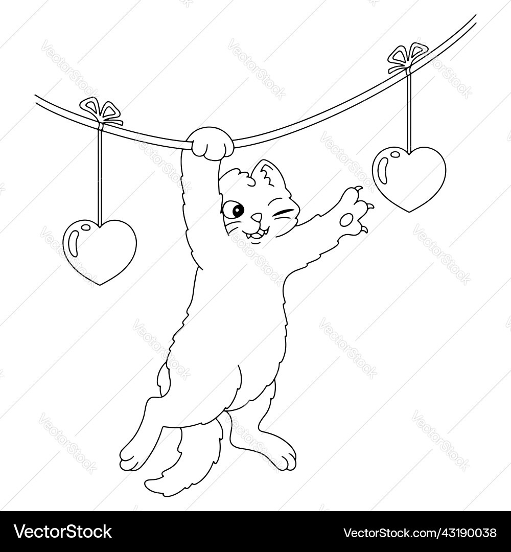 Cat is hanging on a garland coloring book page Vector Image