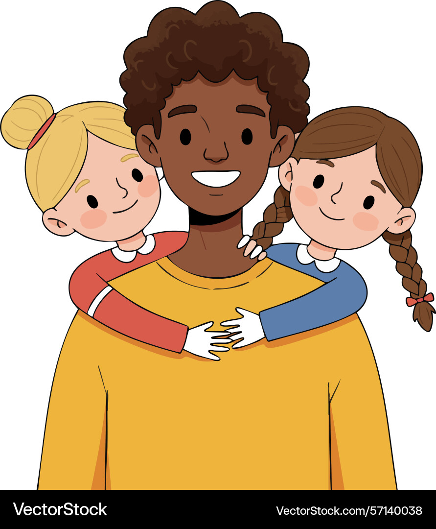 Father with two daughters hugging from behind Father with two daughters hugging from behind Vector Image