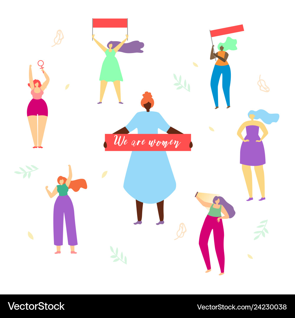 Girls round of woman with big banner we are women Girls round of woman with big banner we are women vector image