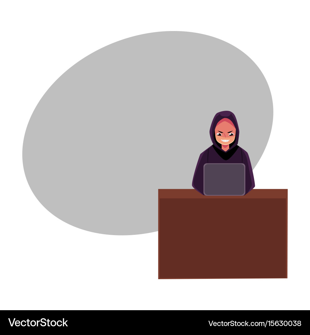 Hacker in black hoodie using laptop computer vector image