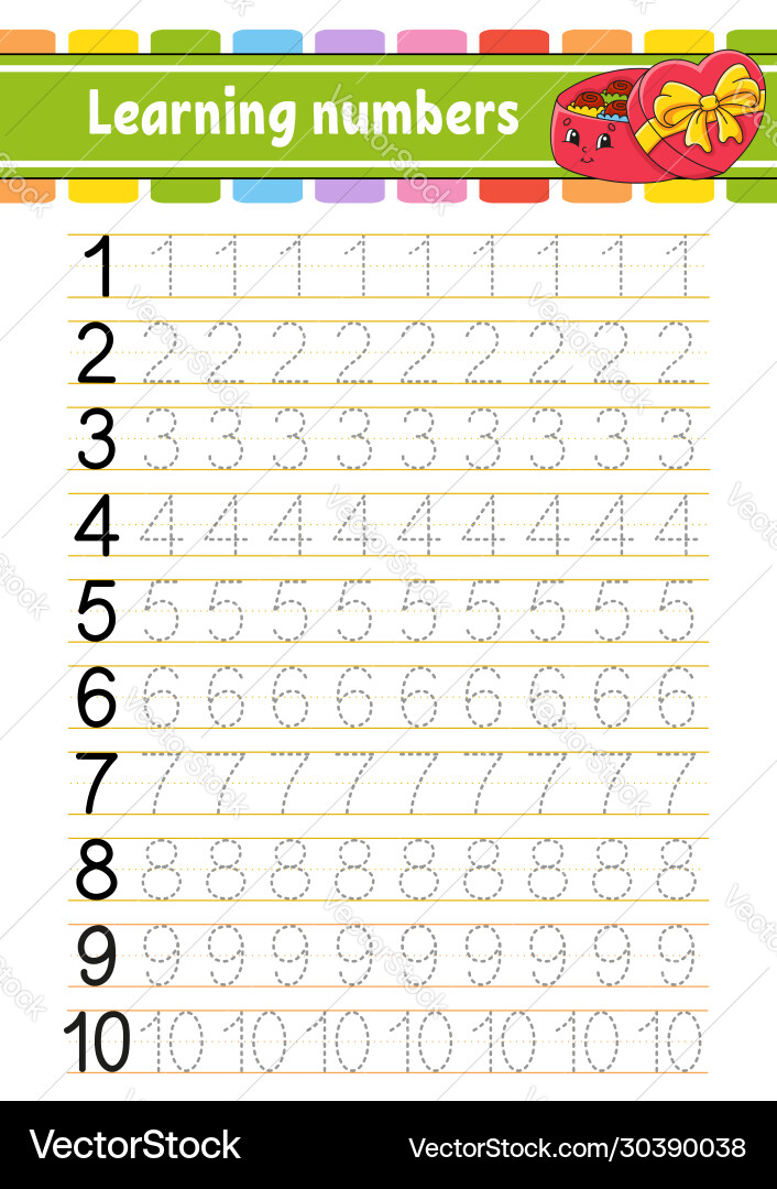 Number 1-10 trace and write handwriting practice vector image