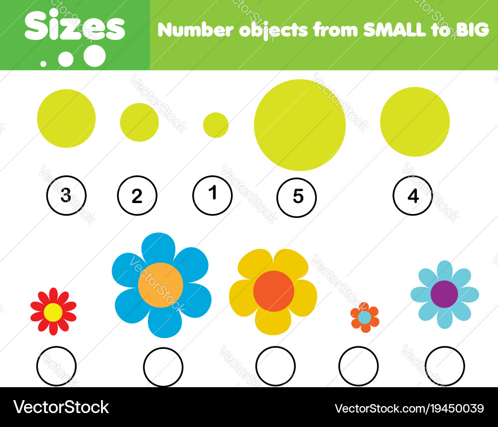 Children educational game learning sizes Vector Image