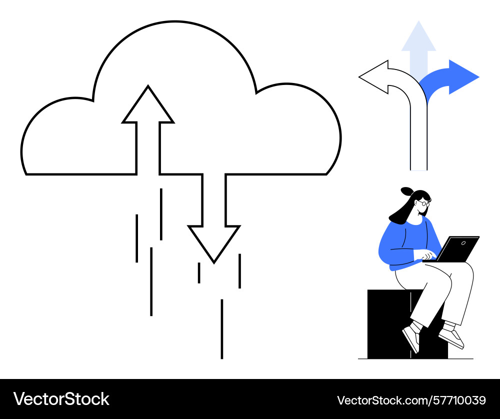 Cloud computing with data flow arrows and woman Cloud computing with data flow arrows and woman Vector Image