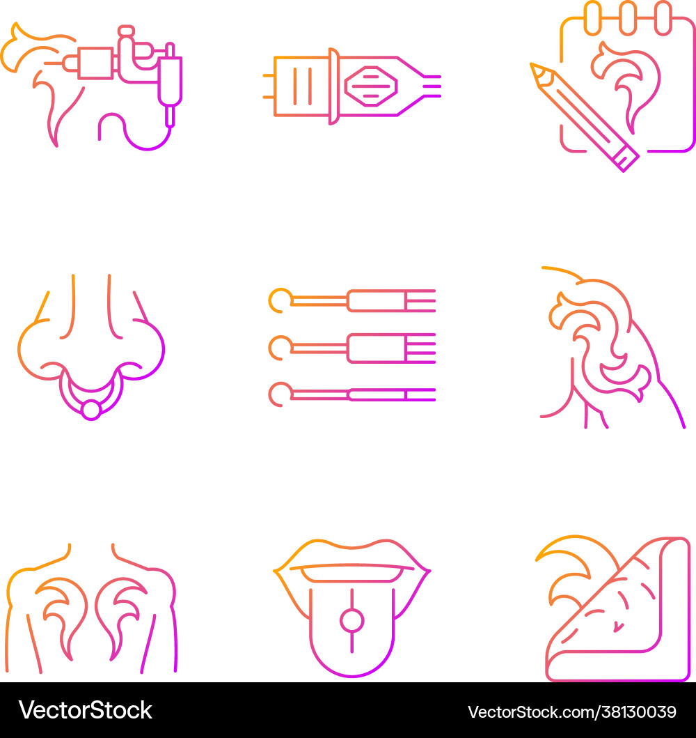 Tattoo and piercing instruments gradient linear Tattoo and piercing instruments gradient linear Vector Image