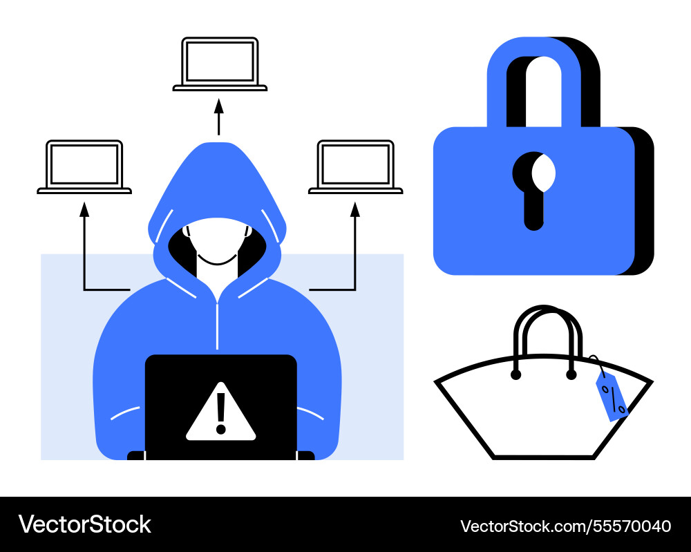Hacker in hoodie working on laptop with security Vector Image