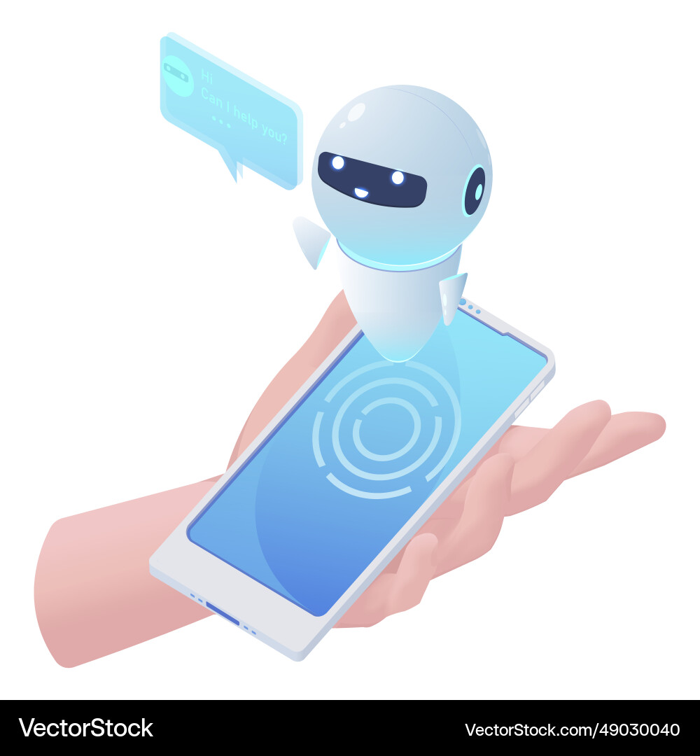 Man holding smartphone with chat bot robot Man holding smartphone with chat bot robot Vector Image