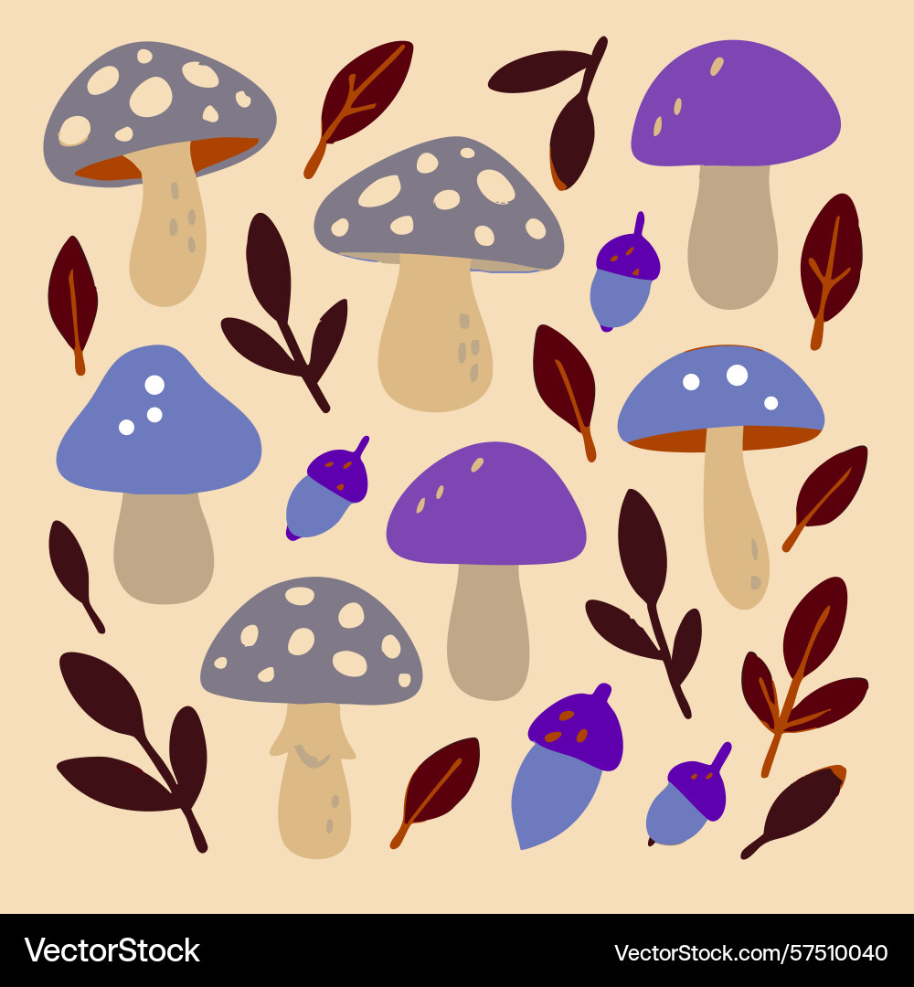 Mushrooms leaves and acorns pattern on a soft Vector Image