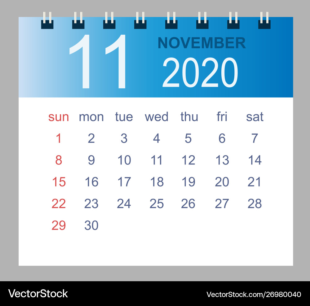 November 2020 monthly calendar template November 2020 monthly calendar template vector image