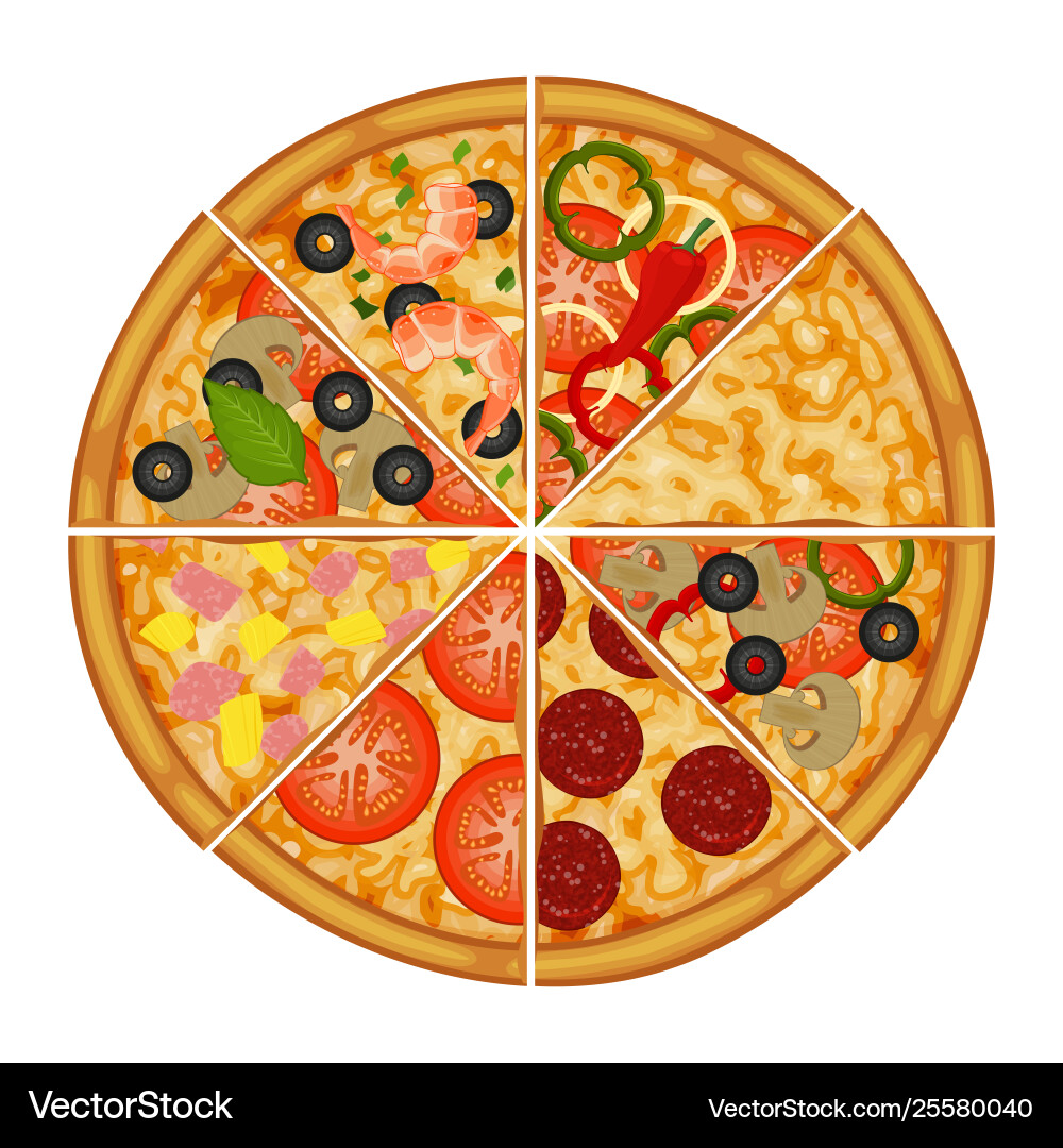 Pizza with different ingredients object Pizza with different ingredients object vector image