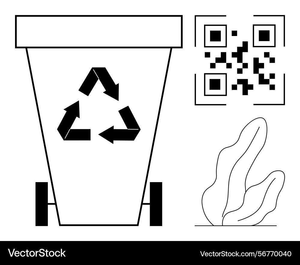 Recycling bin with qr code and leaf element Recycling bin with qr code and leaf element vector image