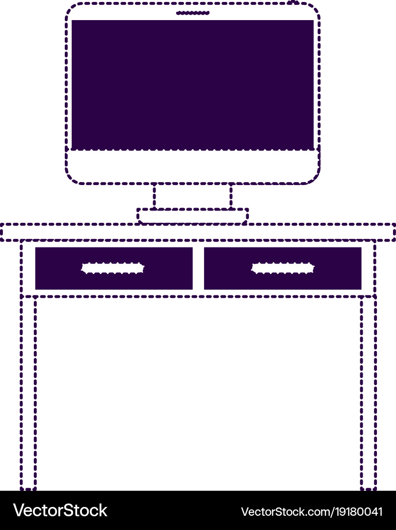 Desk table with drawers and desktop computer above vector image