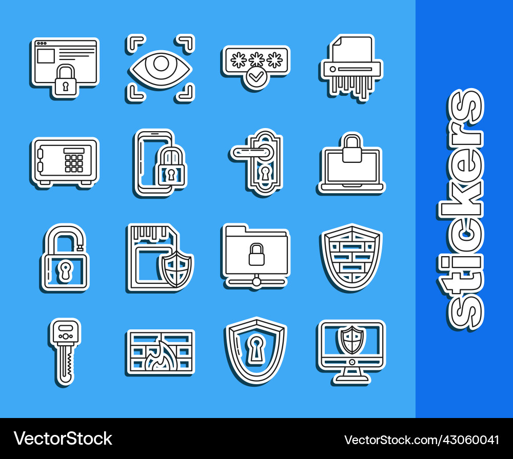 Set line computer monitor and shield laptop lock Set line computer monitor and shield laptop lock vector image