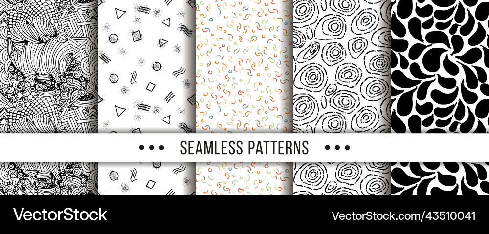 Set of seamless patterns with hand-drawn elements Set of seamless patterns with hand-drawn elements vector image
