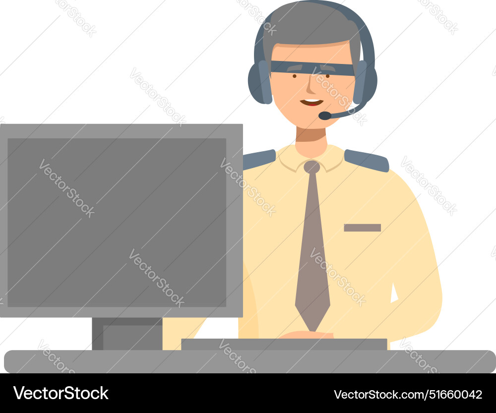 Airport dispatcher smiling and working on computer Vector Image