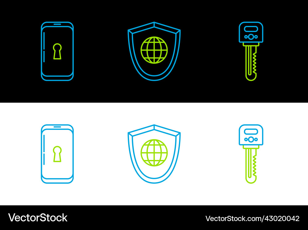 Set line key smartphone with lock and shield Set line key smartphone with lock and shield vector image