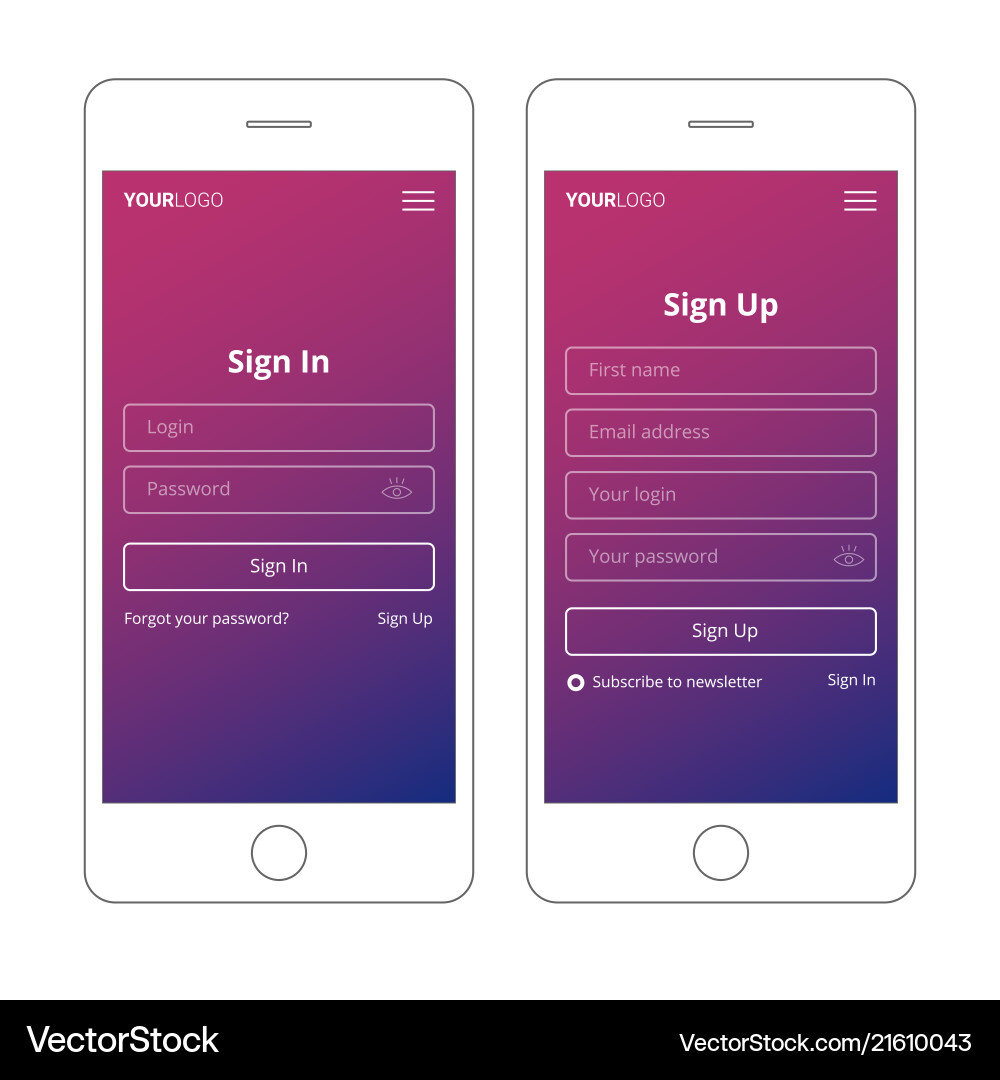 Login screen and sign in form template for mobile Login screen and sign in form template for mobile vector image