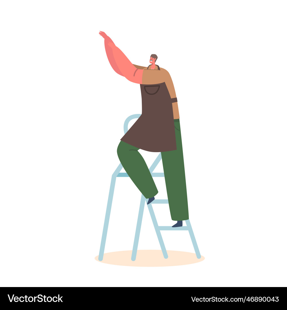 Man character in apron standing on ladder working Man character in apron standing on ladder working Vector Image