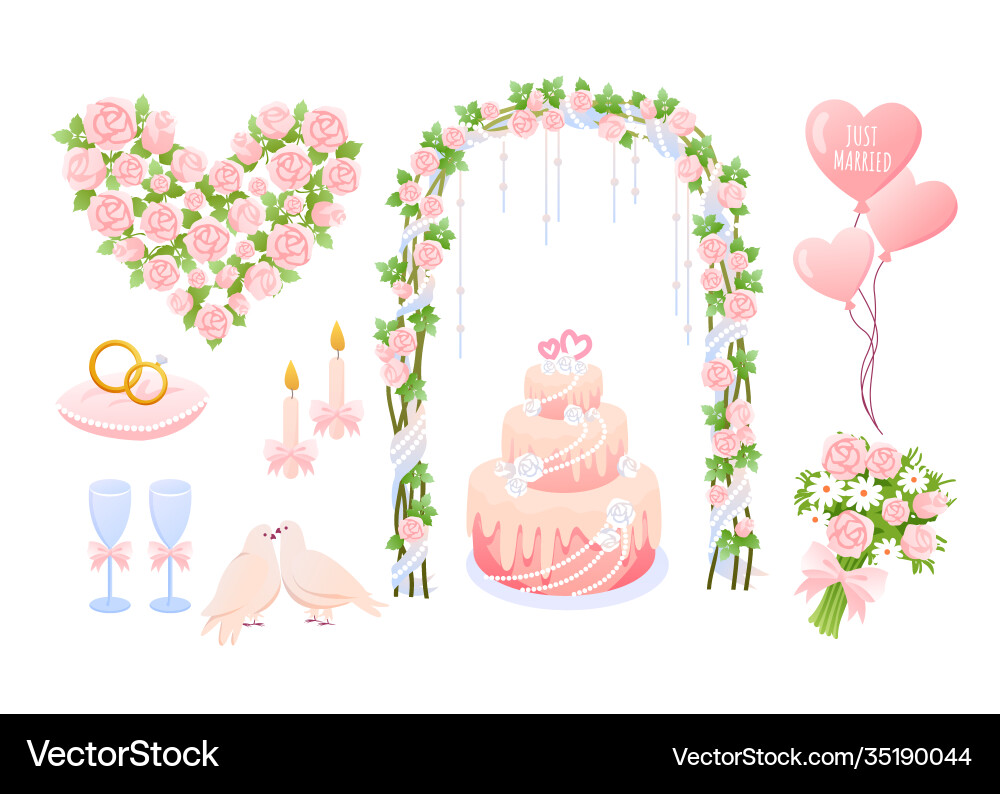 Cartoon rosa Hochzeit Dekoration Kollektion Cartoon rosa Hochzeit Dekoration Kollektion vektorbild