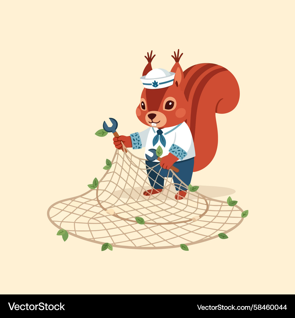 Cheerful Squirrel Fixing Net Vector Image