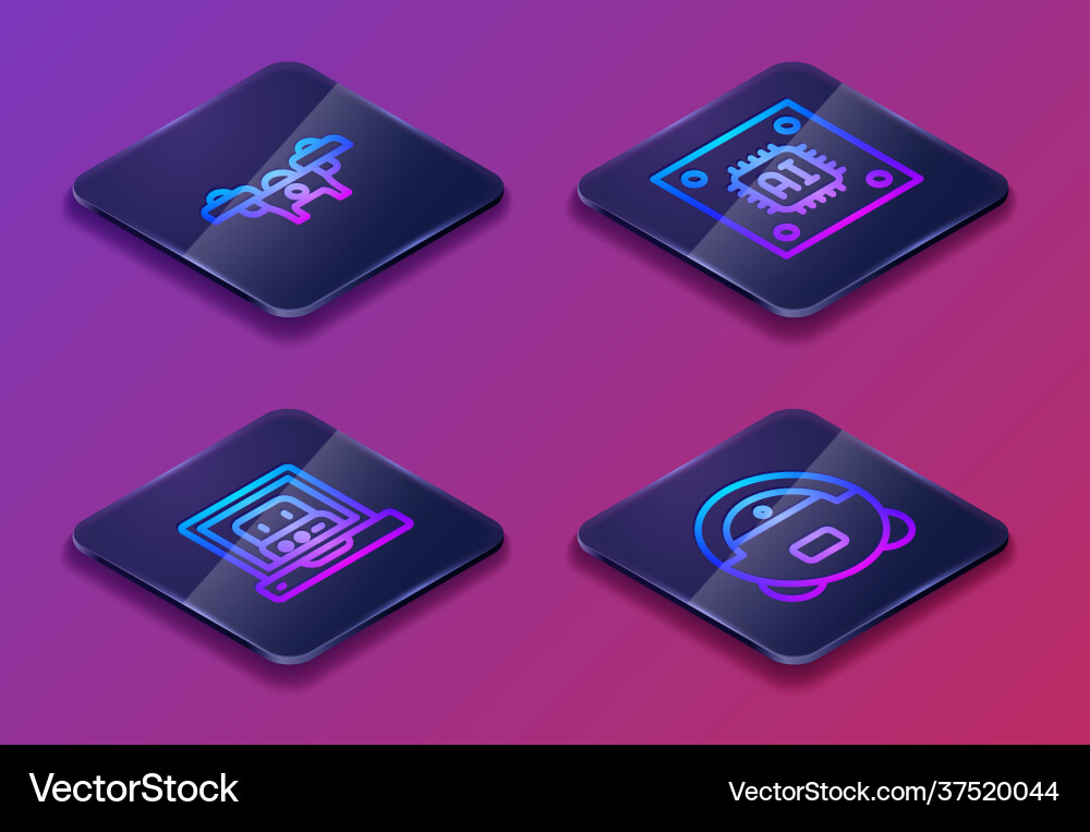 Set isometric line drone creating robot vector image