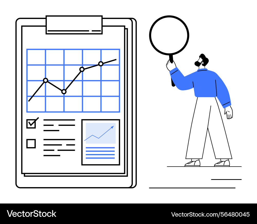 Man analyzing data on a large clipboard featuring Man analyzing data on a large clipboard featuring vector image