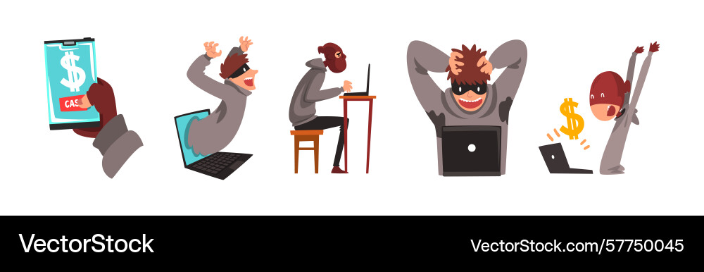 Man hacker character stealing money online Man hacker character stealing money online vector image