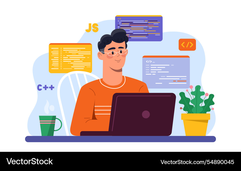 Programmer with laptop man writes code vector image