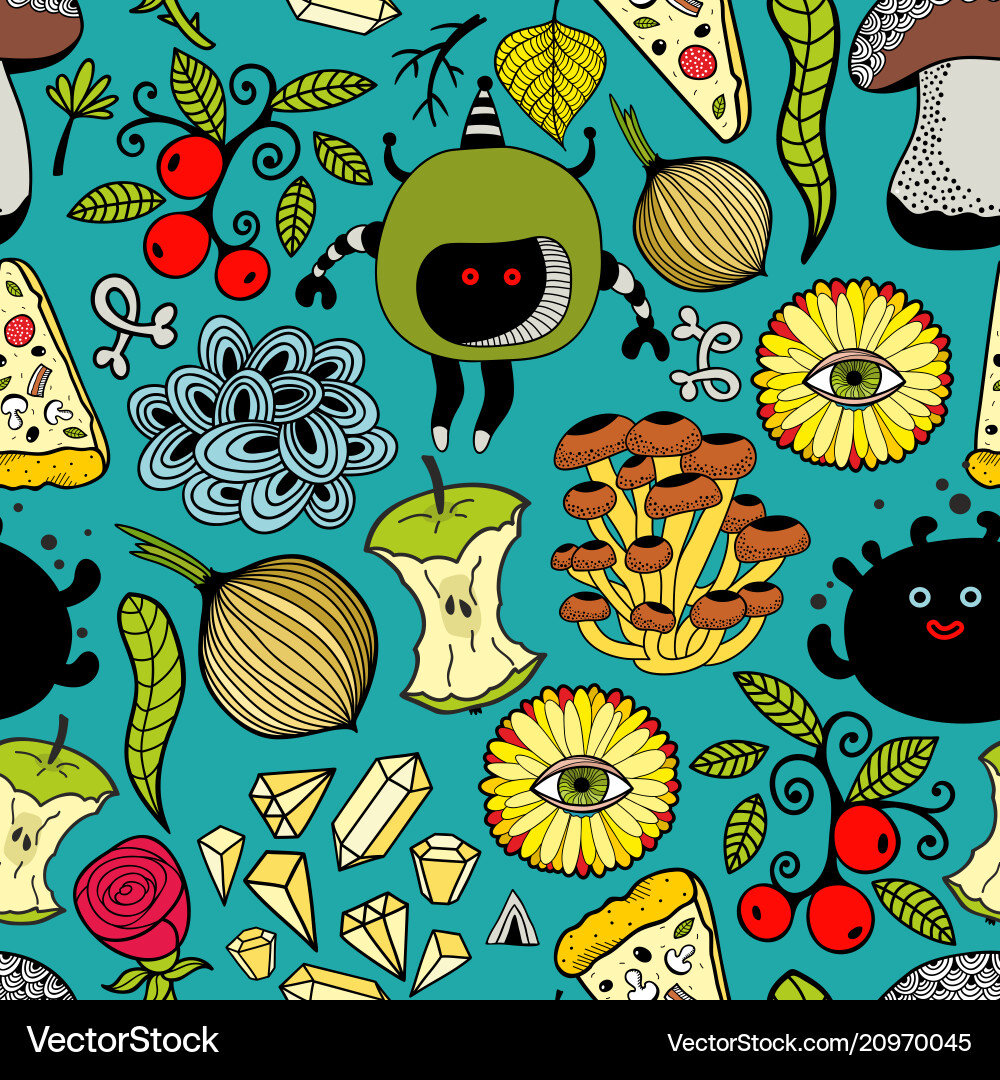 Seamless colorful pattern with monsters and food Seamless colorful pattern with monsters and food vector image