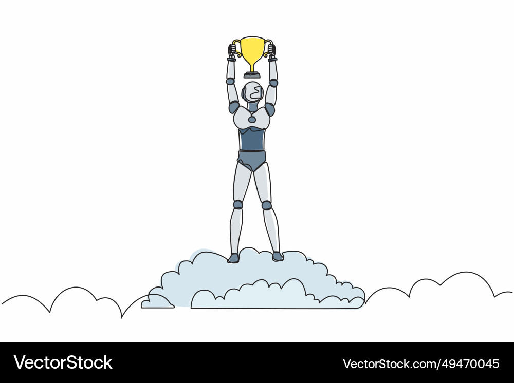 Single continuous line drawing robot holding Single continuous line drawing robot holding vector image